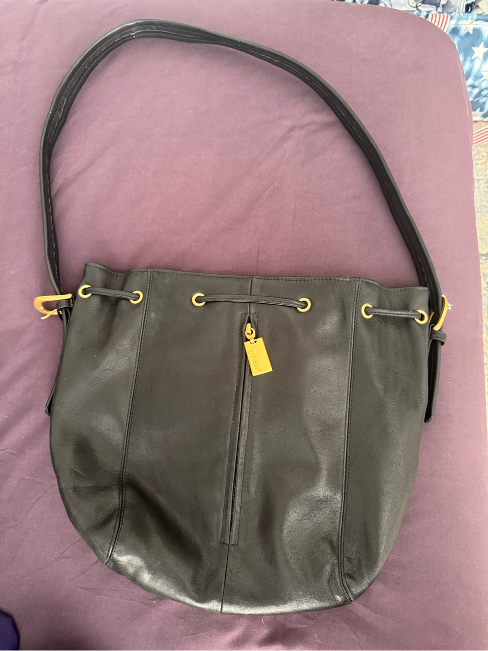 Tignanello Classic Black Leather Shoulder Bag with Gold Hardware
